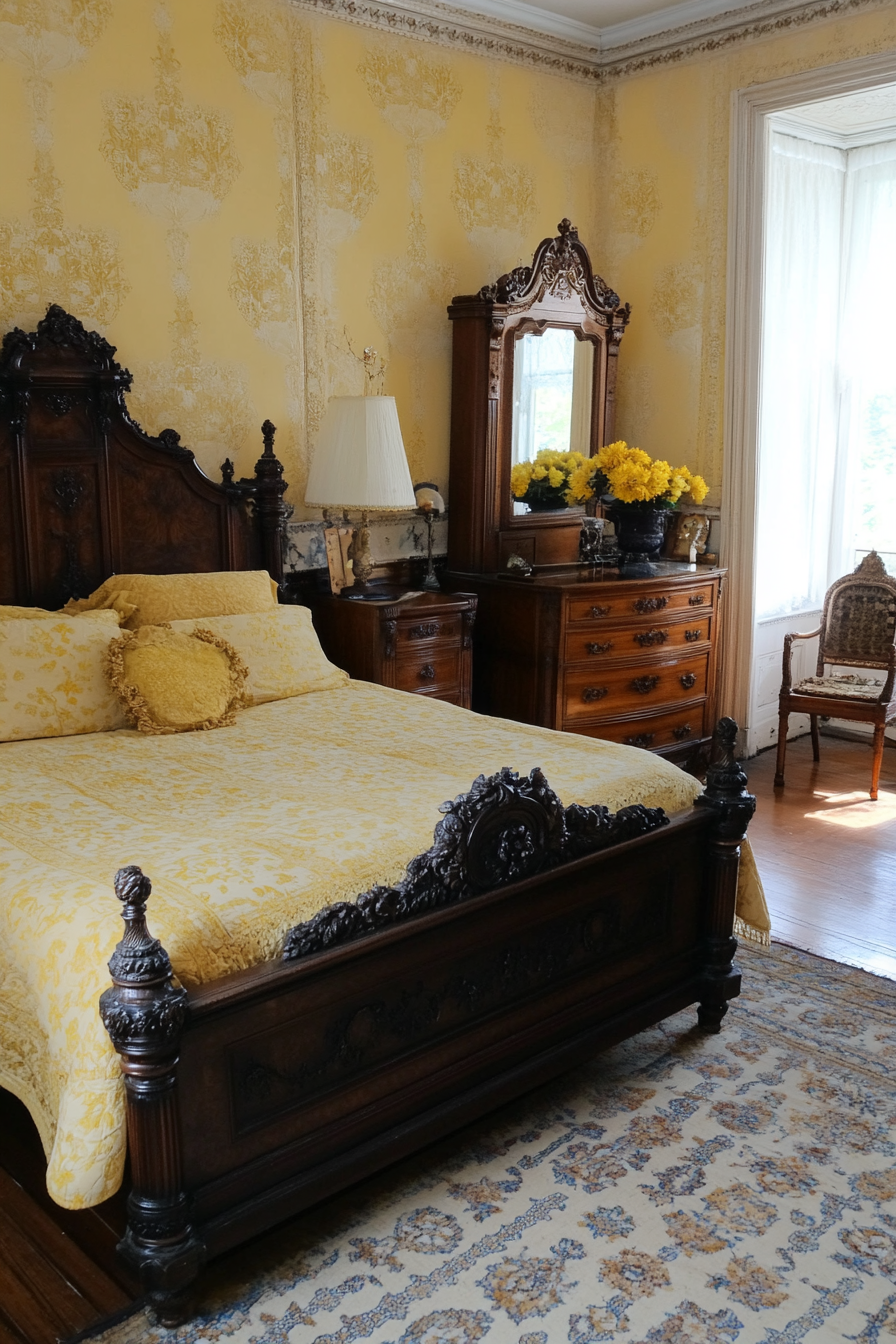 Yellow Victorian bedroom with dark wood furniture