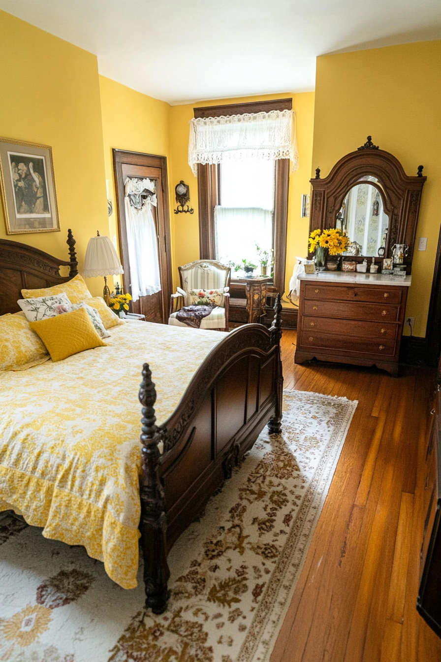 Yellow floral arrangements and decorative pillows in a Victorian bedroom