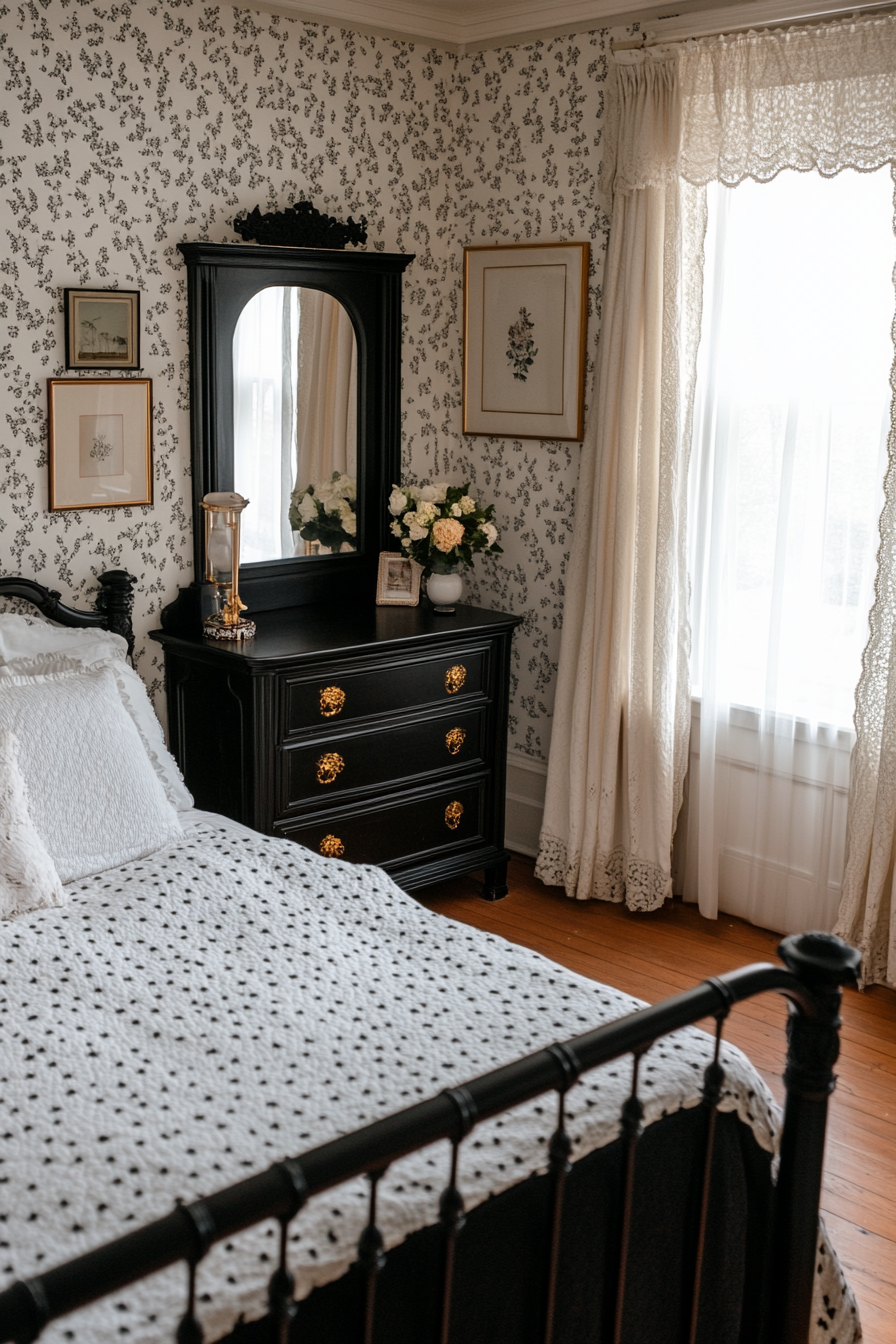 Black and white Victorian bedroom with intricate carvings