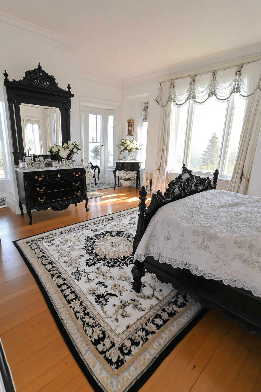 Black and white floral arrangements and decorative pillows in a Victorian bedroom