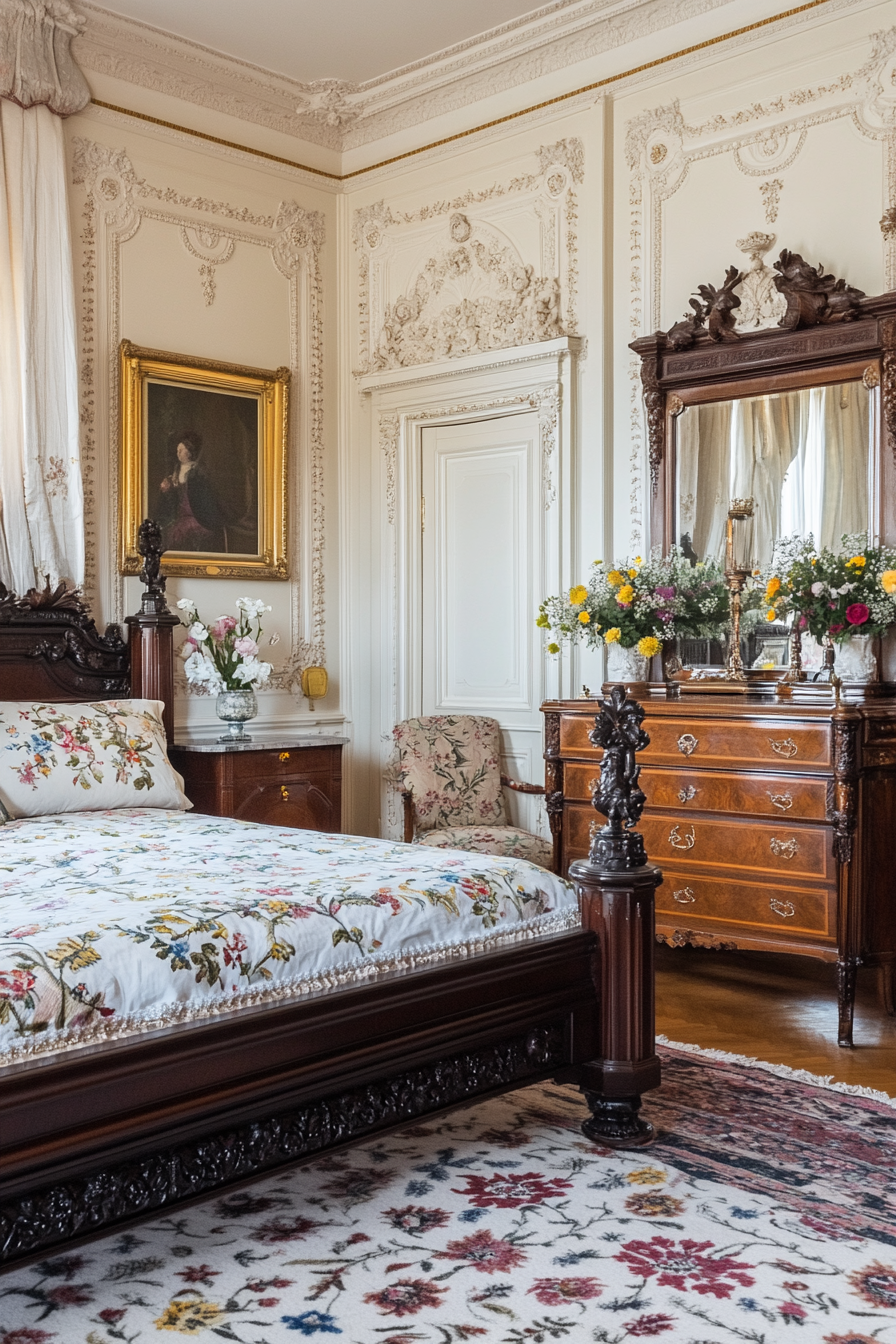 Victorian bedroom with floral motifs and dark wood bed