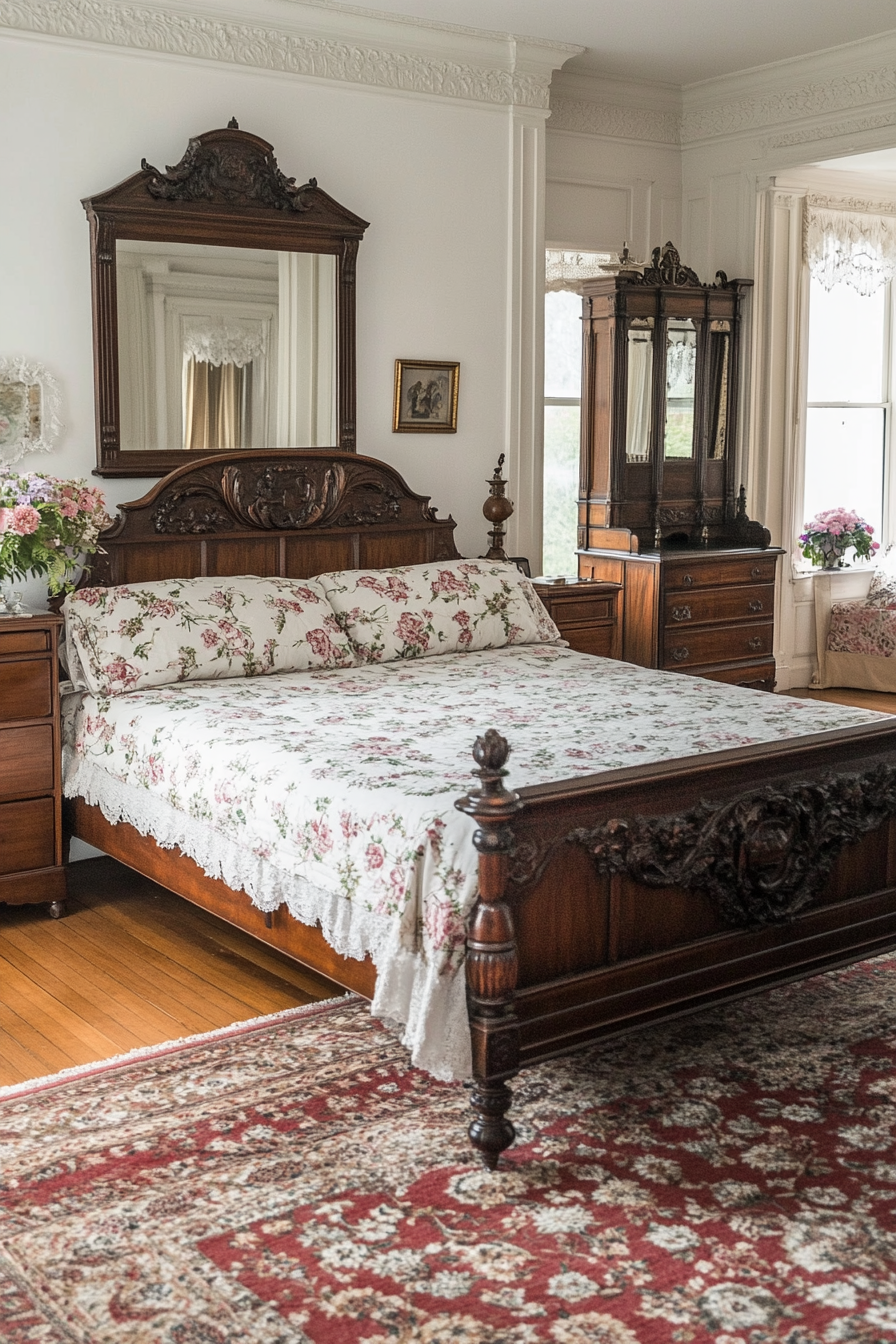 Fresh flower arrangements and floral-patterned pillows in a Victorian bedroom
