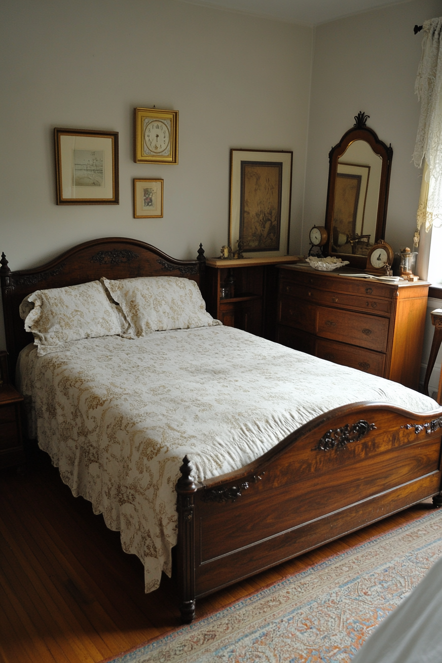 Victorian bedroom with vintage accents and dark wood bed