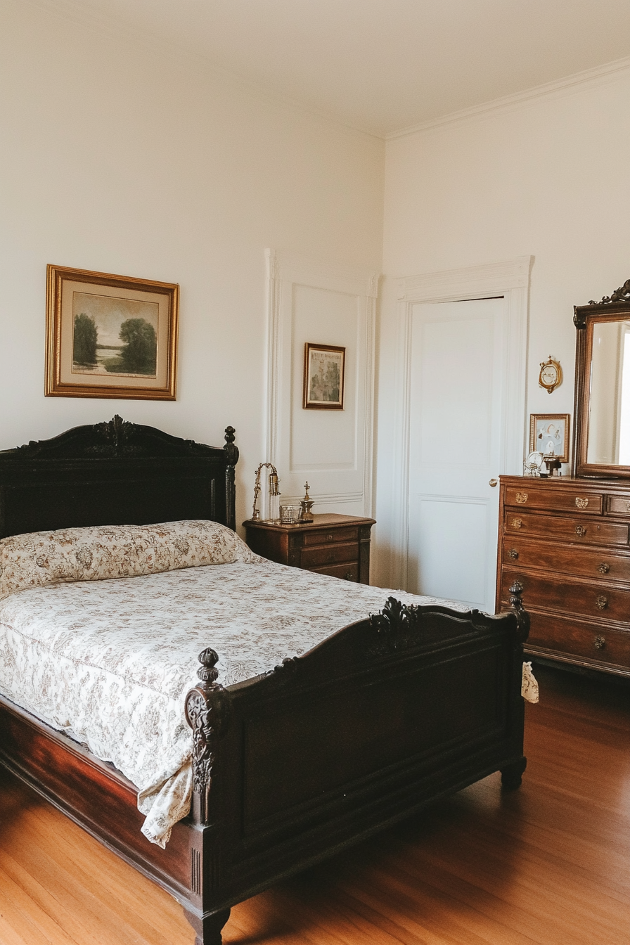 Antique clocks and vintage artwork in a Victorian bedroom