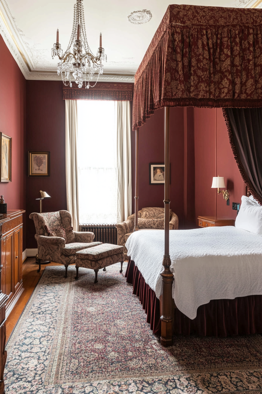 Seating area and chaise lounge in a Victorian master suite