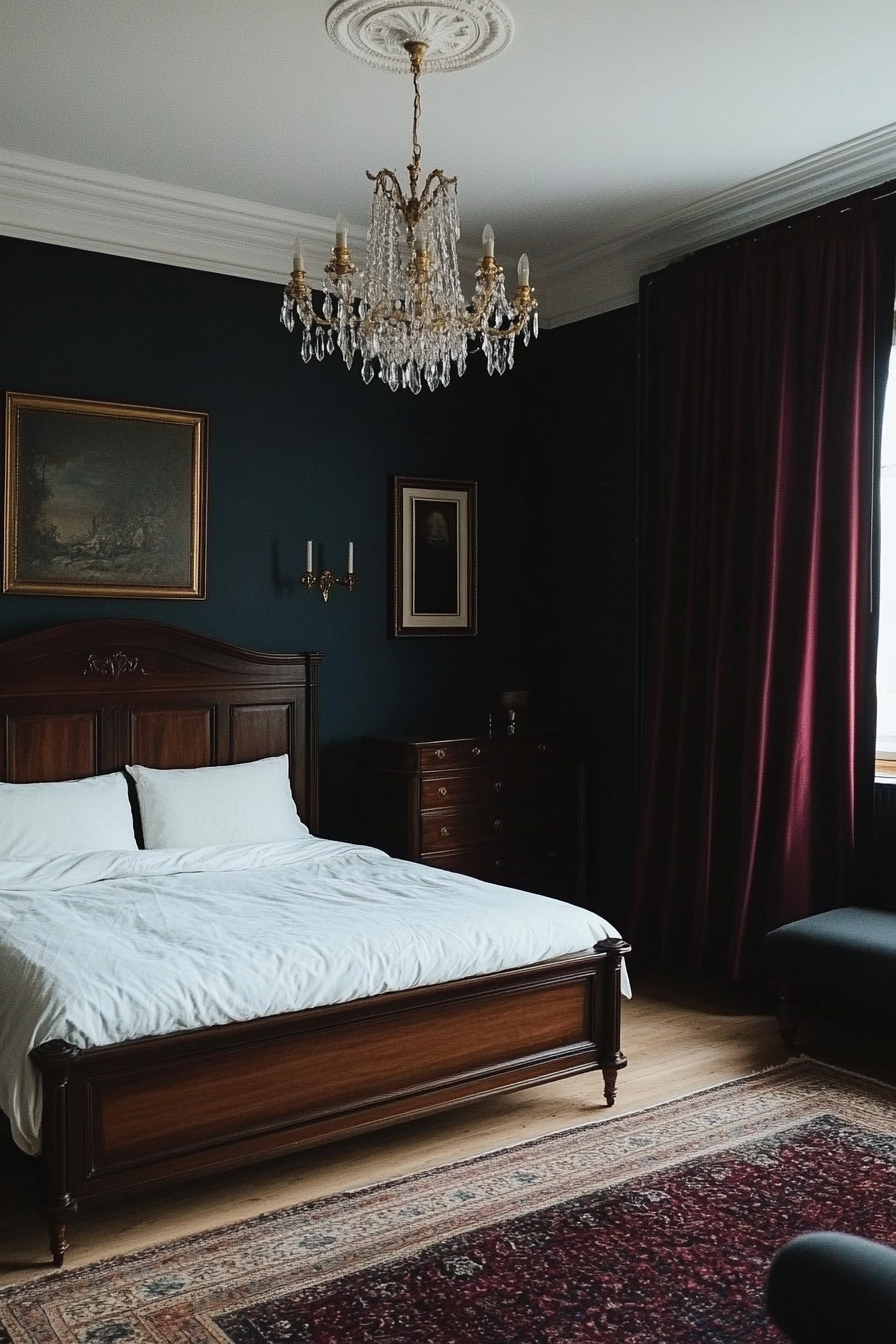 Metallic accents and dark fabrics in a Victorian bedroom