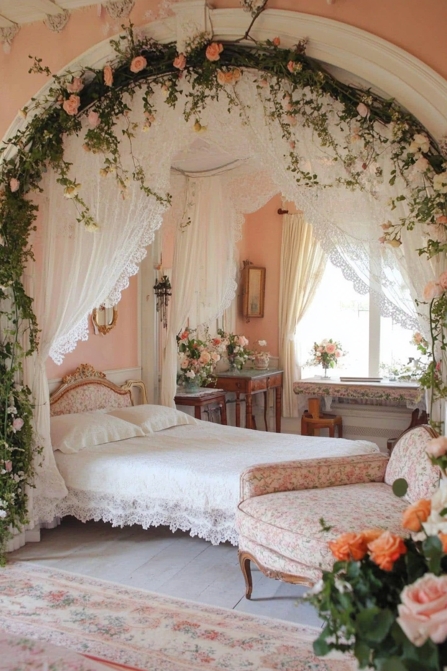 Floral fabrics and lace curtains in a Victorian bedroom