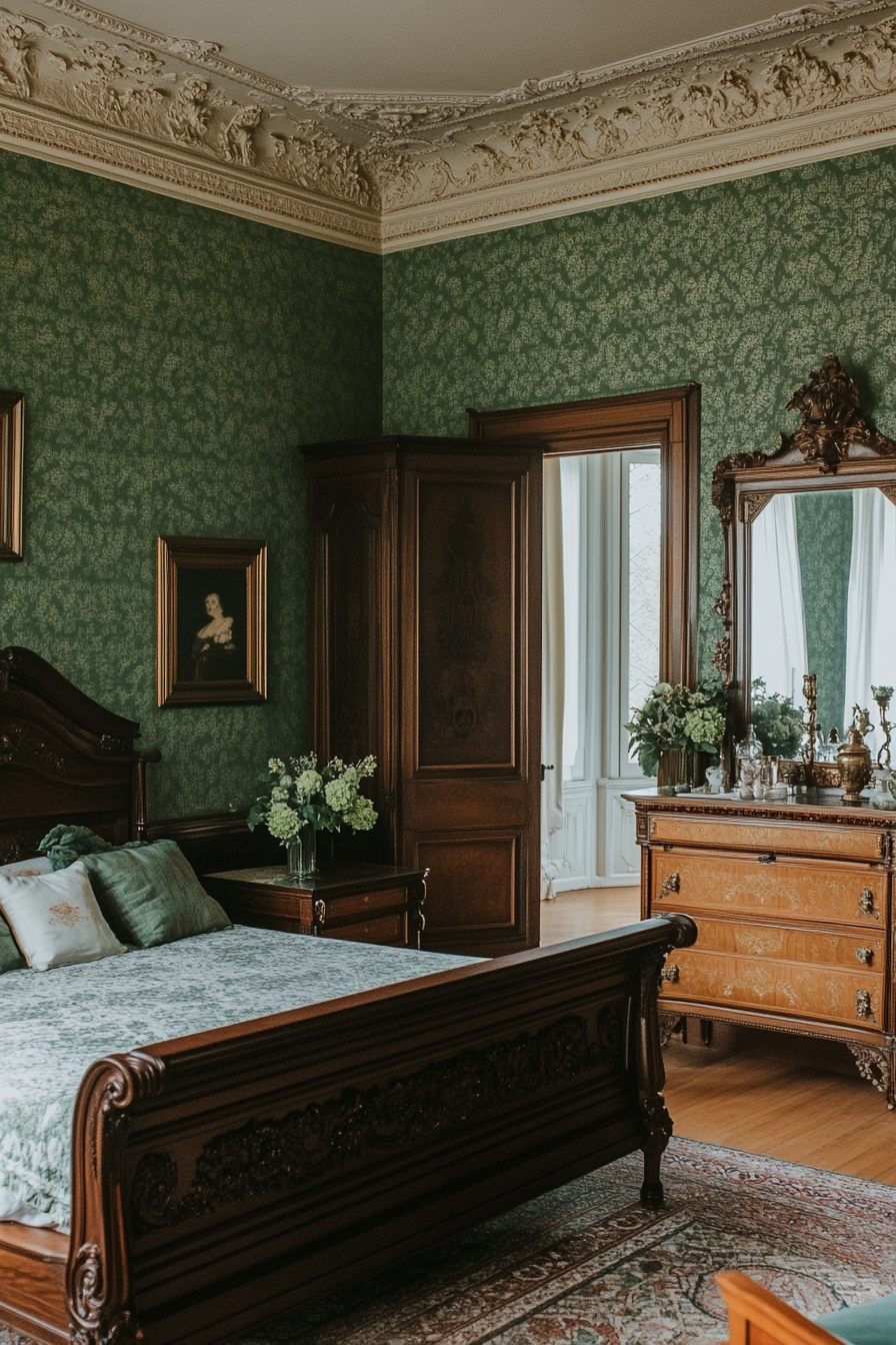 Green Victorian bedroom with dark wood furniture