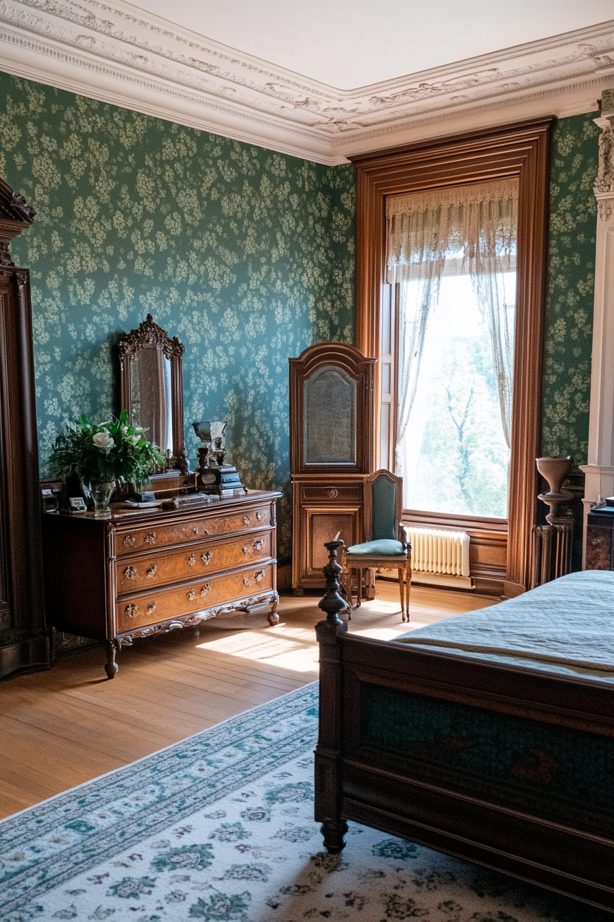 Green floral arrangements and decorative pillows in a Victorian bedroom