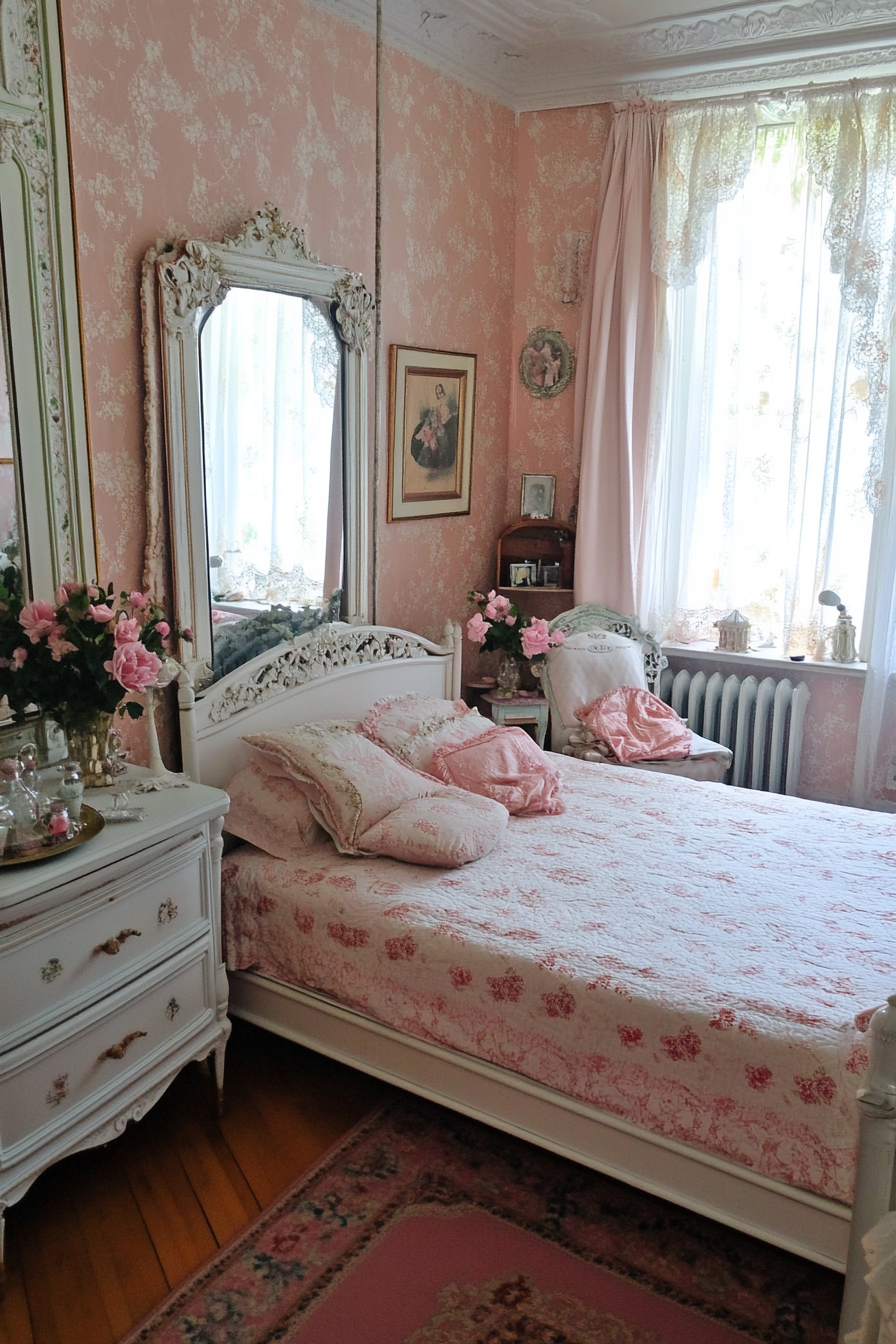 Pink Victorian bedroom with a white bed frame