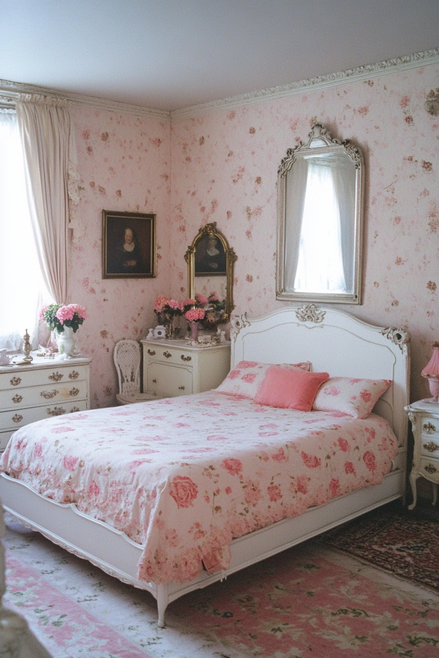 Floral arrangements and decorative pillows in a pink Victorian bedroom