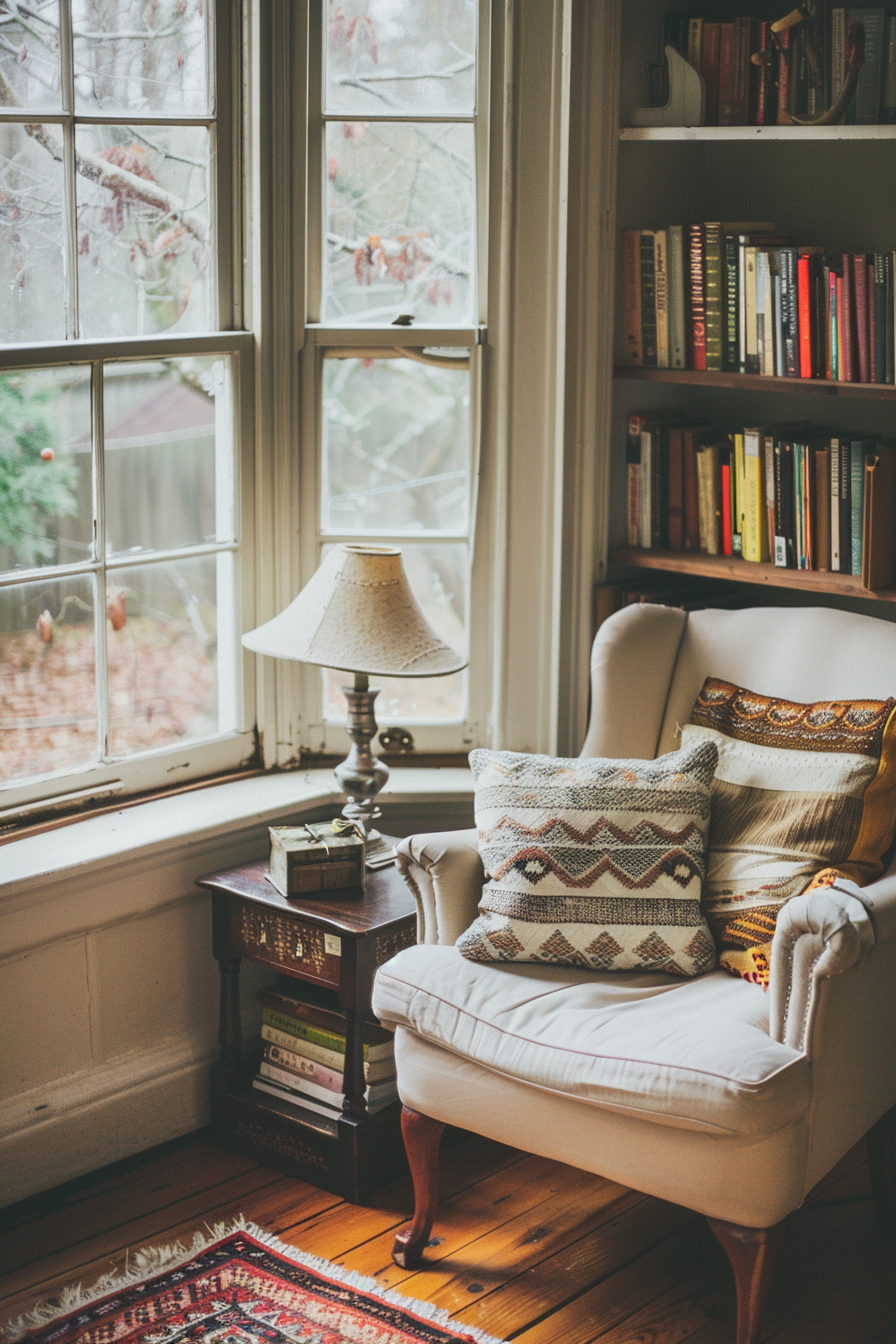 Cozy reading nook with wingback chair