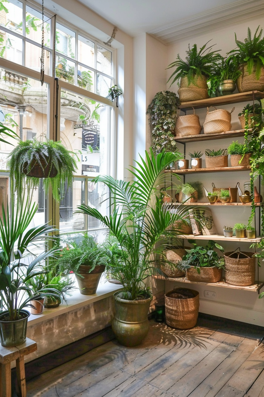 Potted palm and ferns in vintage office