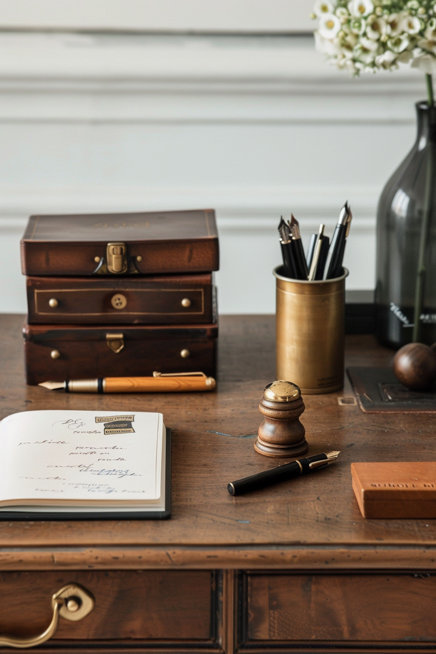 Brass paperweights and leather-bound notebooks