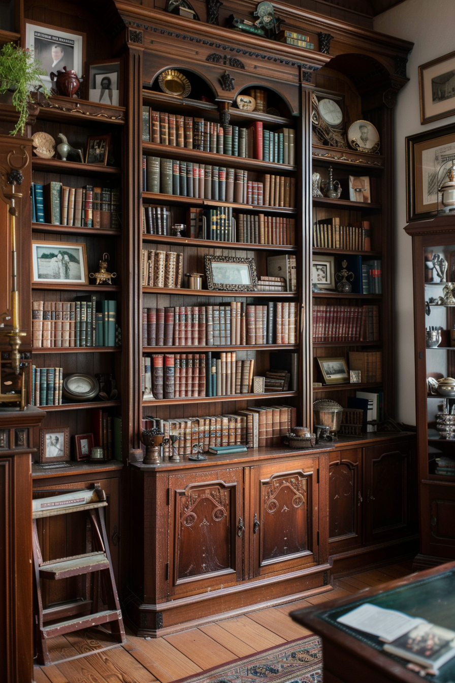 Carved wooden bookshelf with glass doors