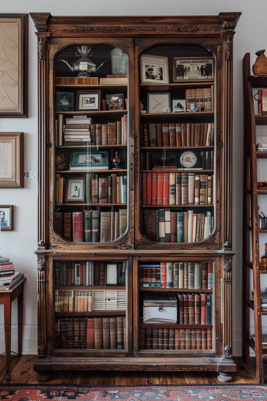 Leather-bound books and vintage knick-knacks