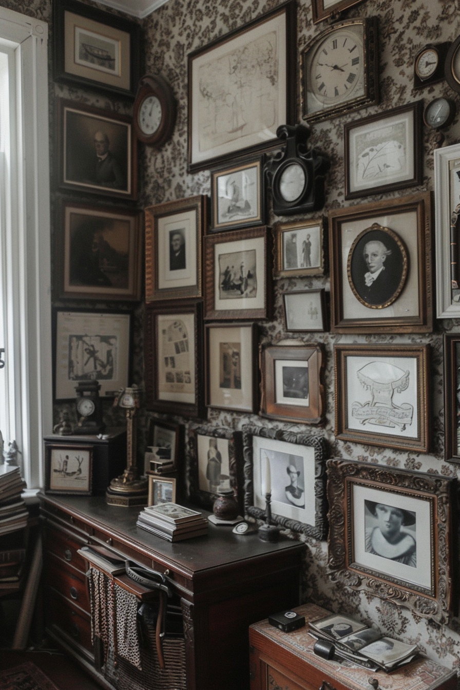 Vintage gallery wall with ornate frames