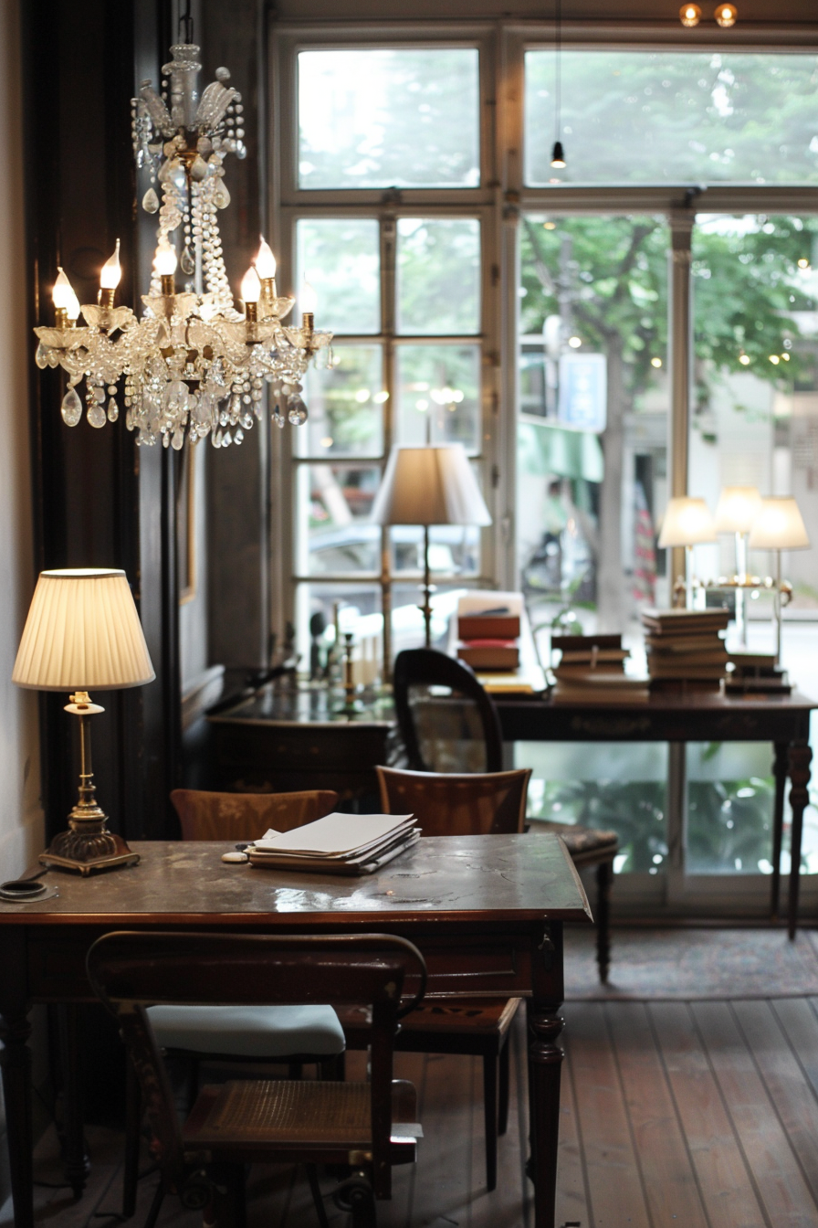Crystal chandelier in vintage office