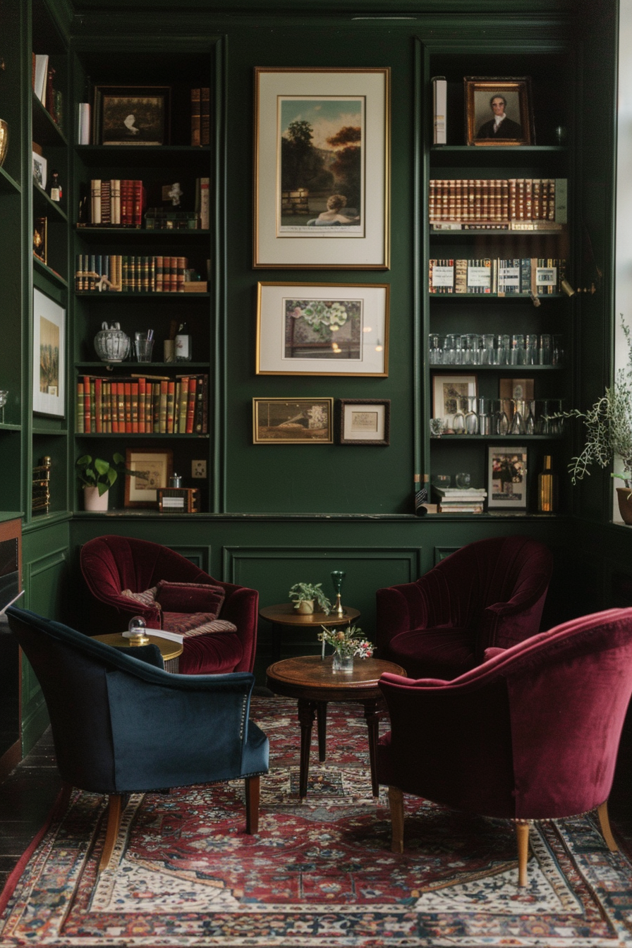 Office with deep green walls and white trim