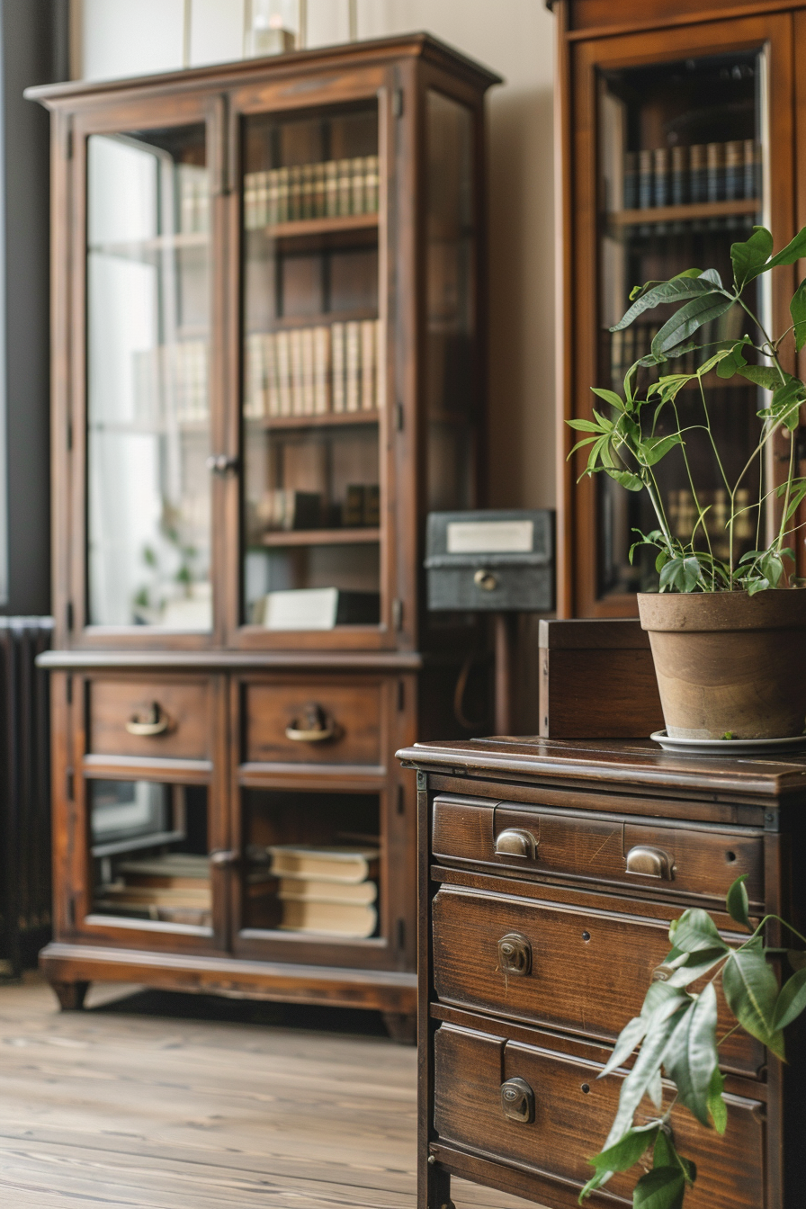 Wooden chest and glass-fronted display cabinet