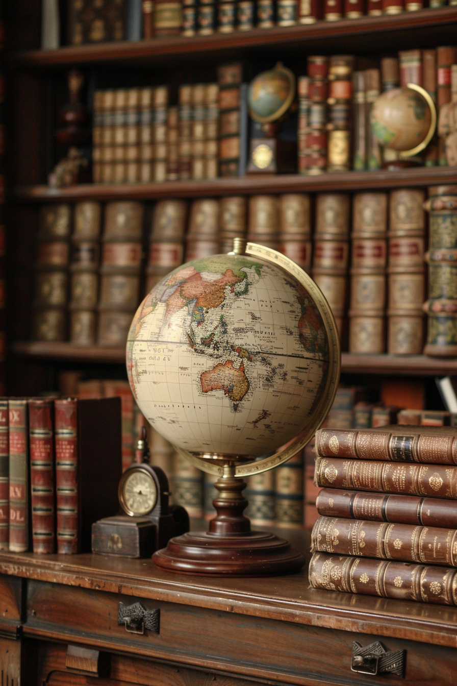 Leather-bound atlas and antique travel books