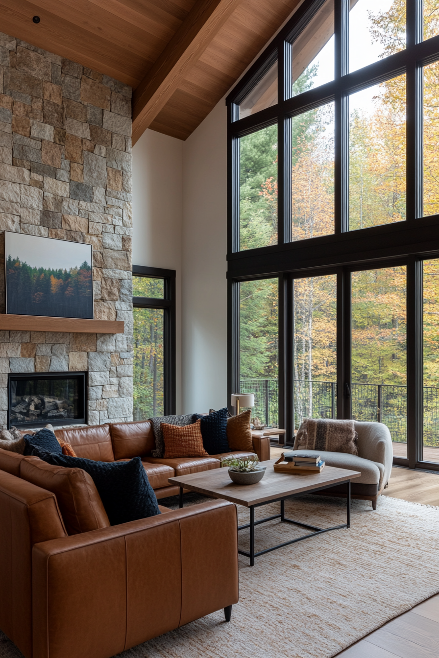 Stone accent wall in living room with earthy tones and texture