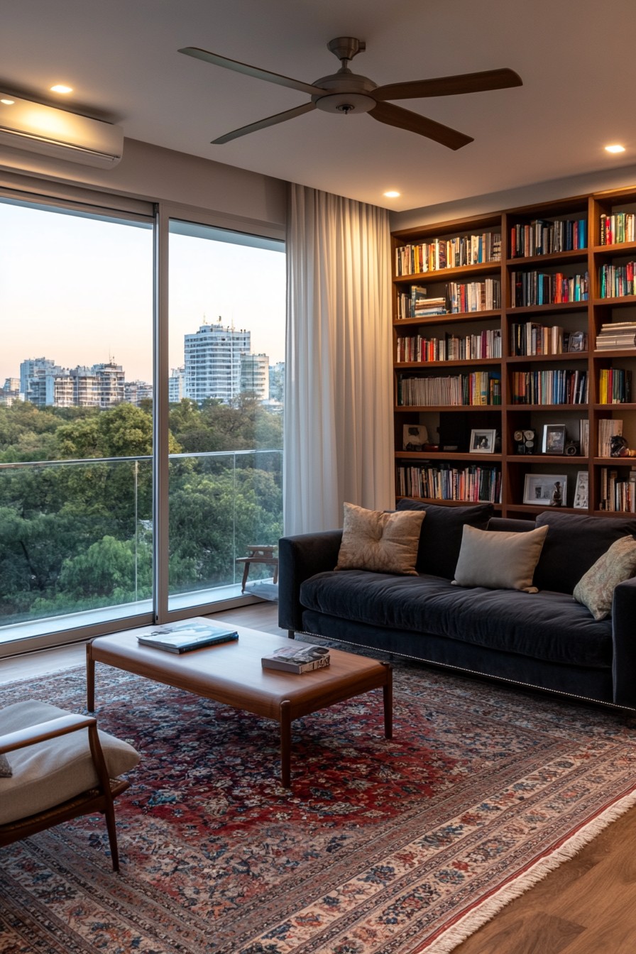 High ceiling living room with tall bookshelf accent wall