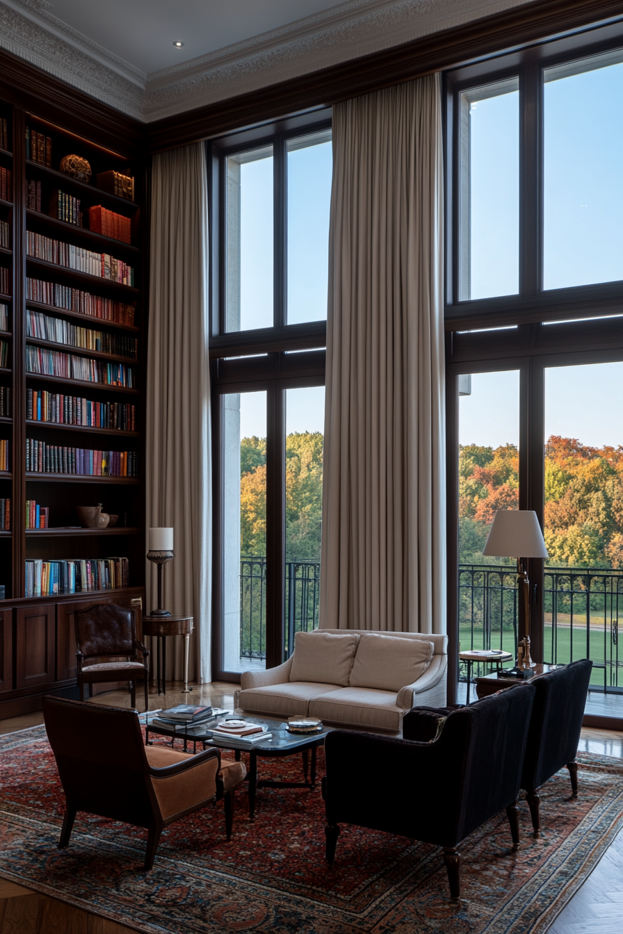 High ceiling living room with tall bookshelf accent wall