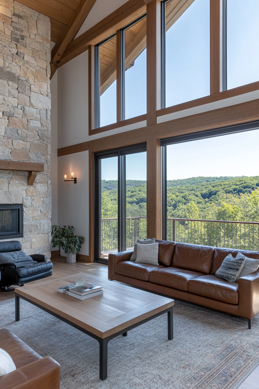 Stone accent wall in living room with earthy tones and texture