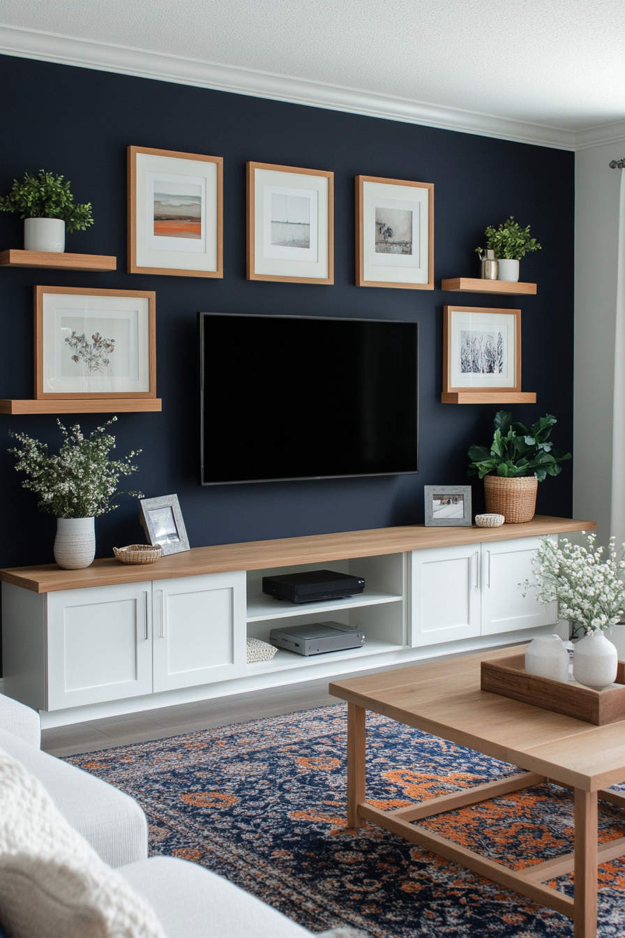 TV feature wall with built-in cabinetry and floating shelves