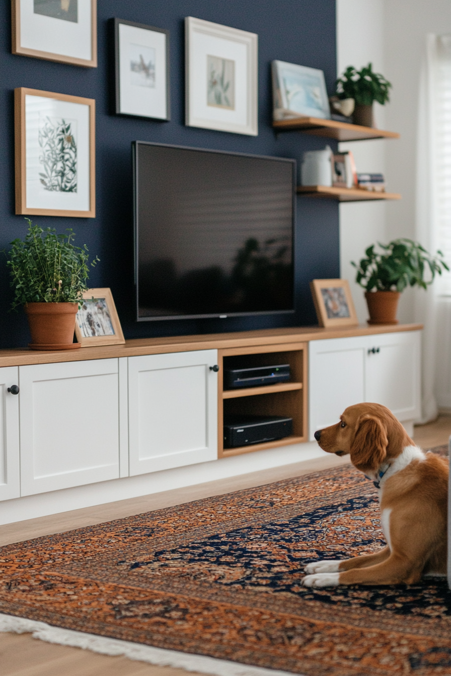 TV feature wall with built-in cabinetry and floating shelves
