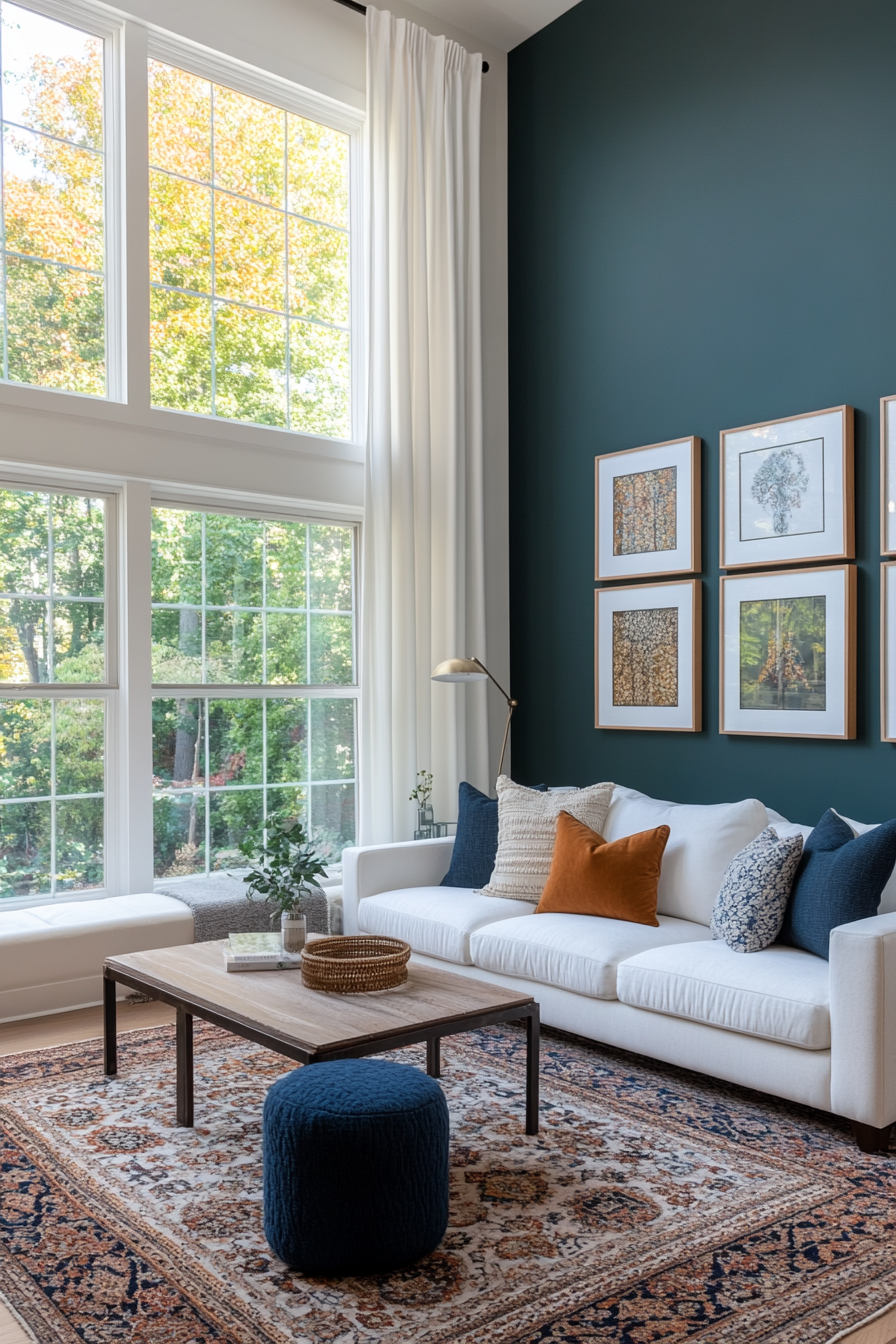 Living room with a vibrant teal accent wall