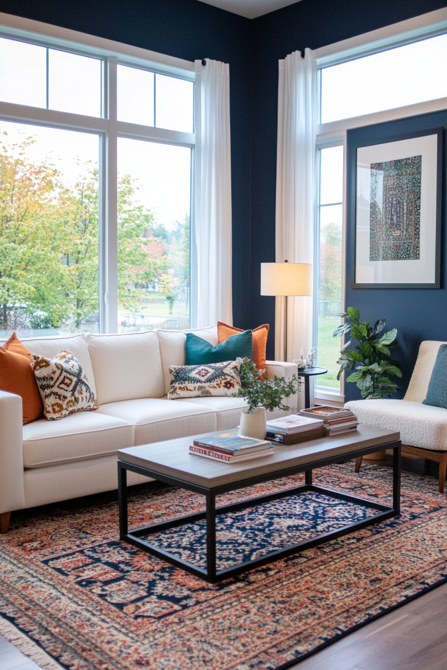 Living room with a vibrant teal accent wall