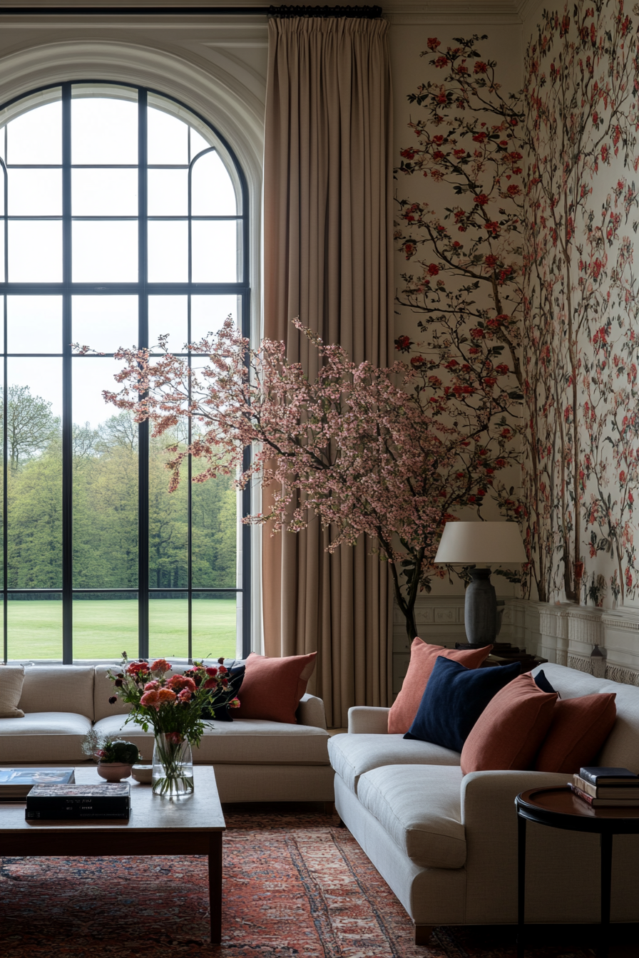 Living room with a floral wallpaper accent wall