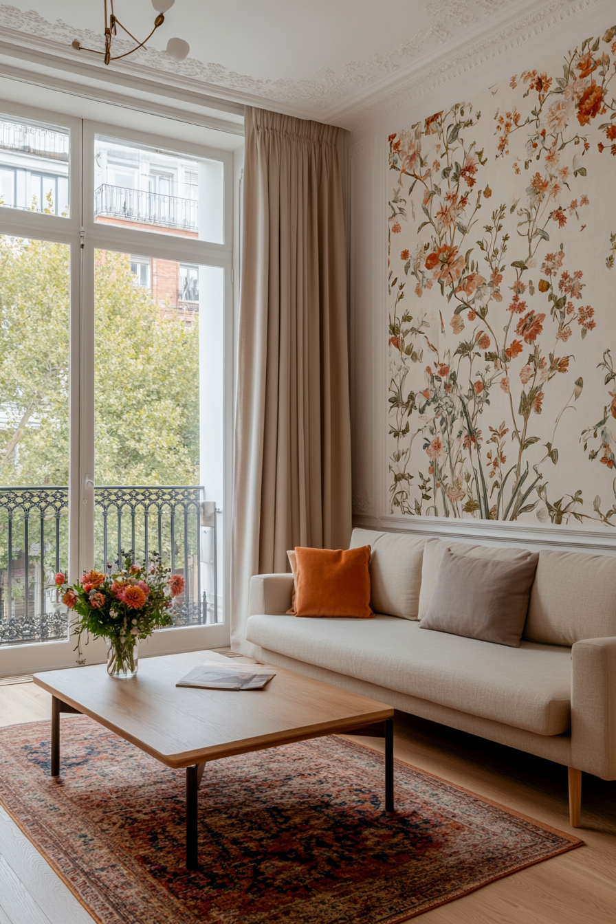Living room with a floral wallpaper accent wall
