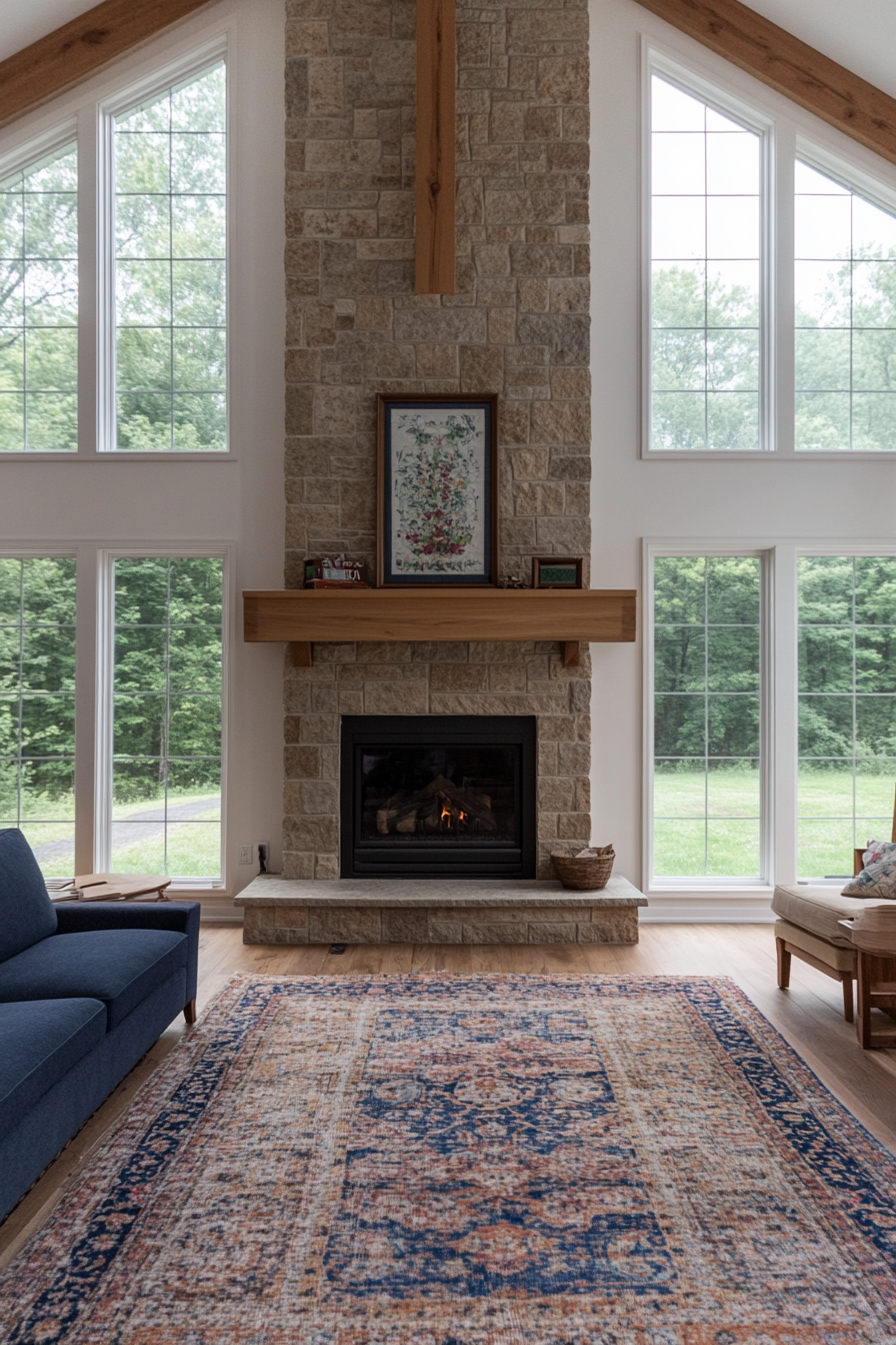 Stone fireplace accent wall with a traditional wood-burning fireplace