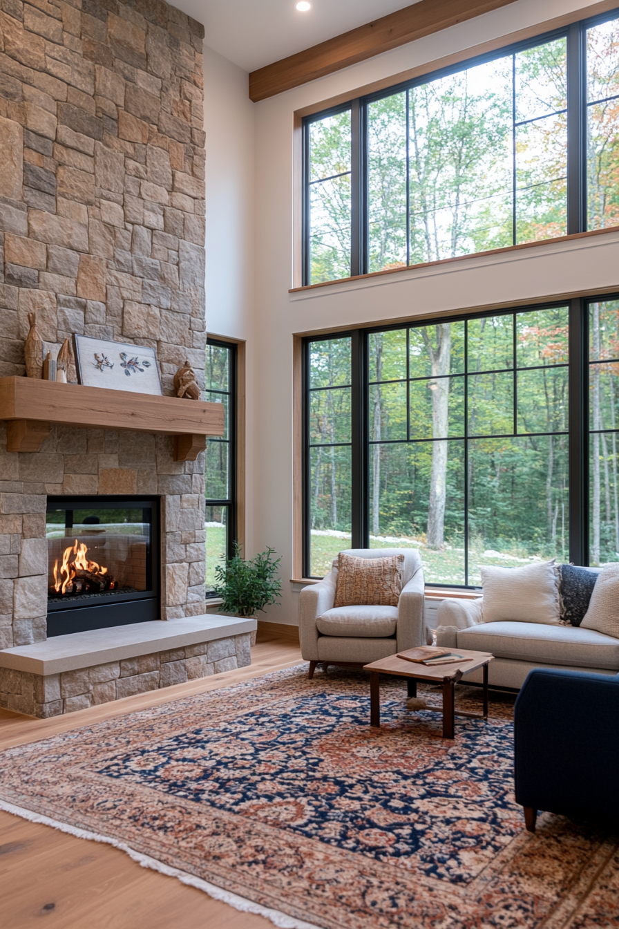Stone fireplace accent wall with a traditional wood-burning fireplace