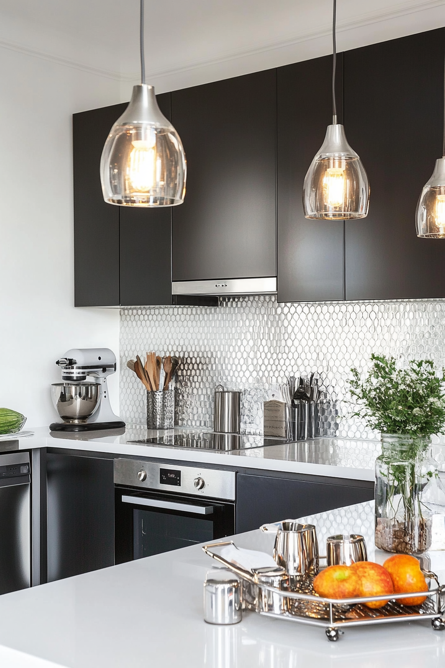 Sleek Art Deco kitchen with geometric tiles and metallic accents