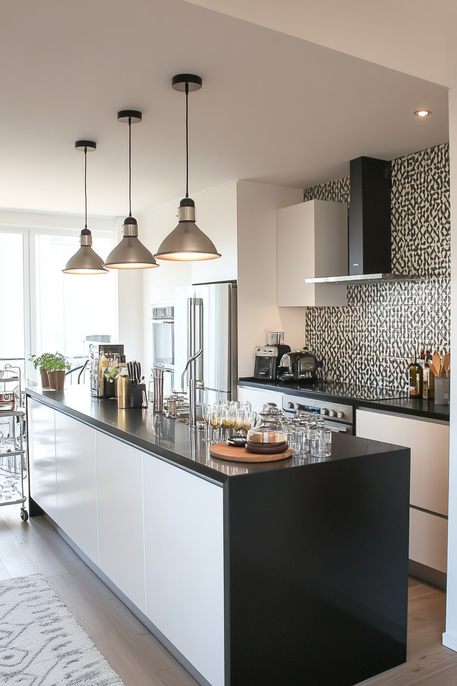 Sleek Art Deco kitchen with geometric tiles and metallic accents