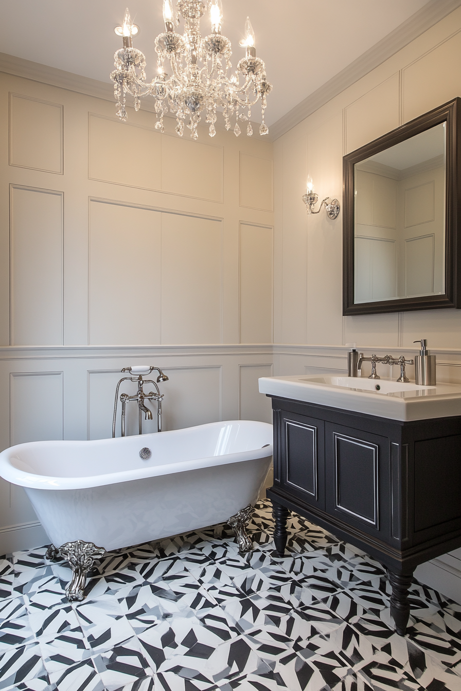 Luxurious Art Deco bathroom with geometric tiles and chrome fixtures