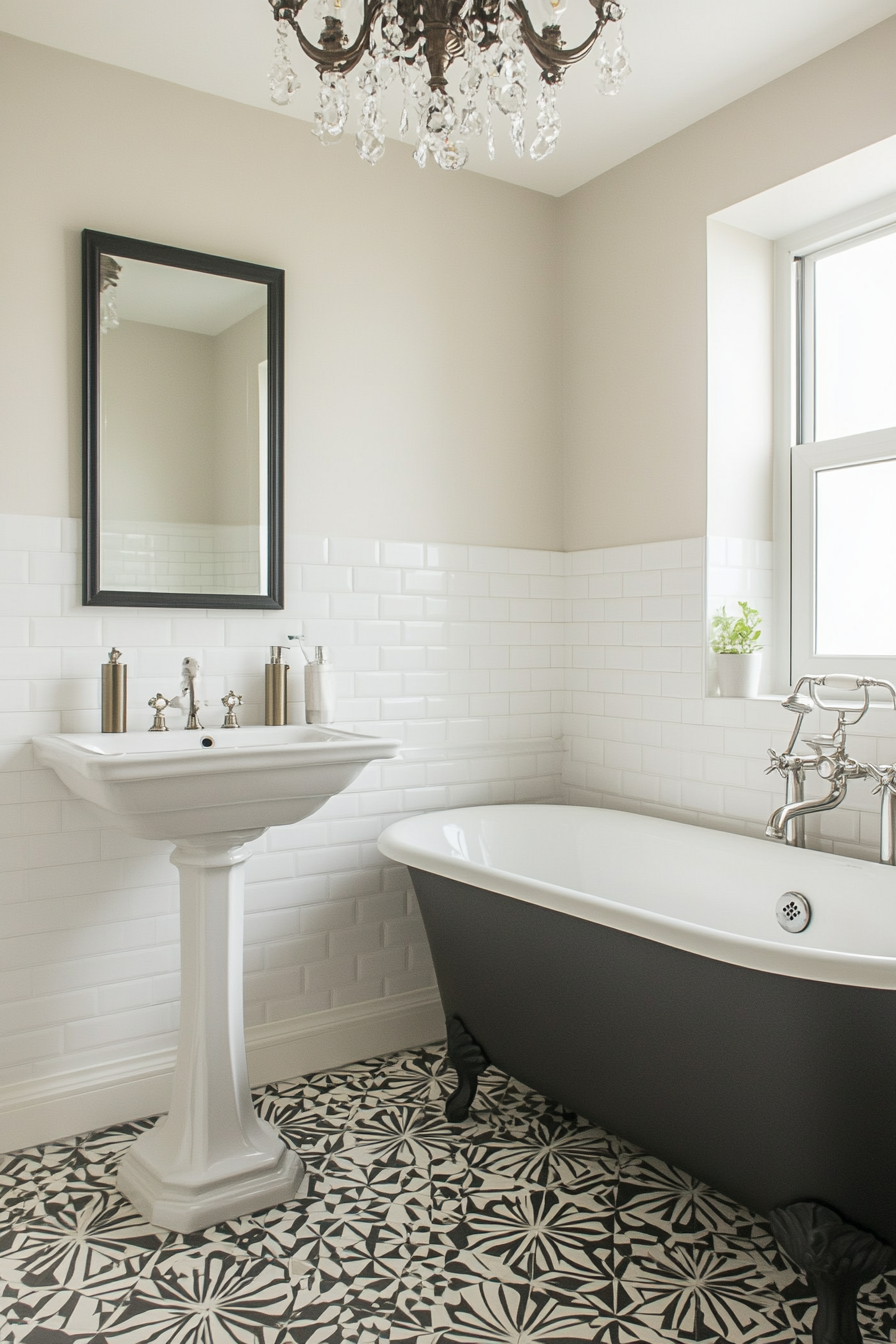 Luxurious Art Deco bathroom with geometric tiles and chrome fixtures