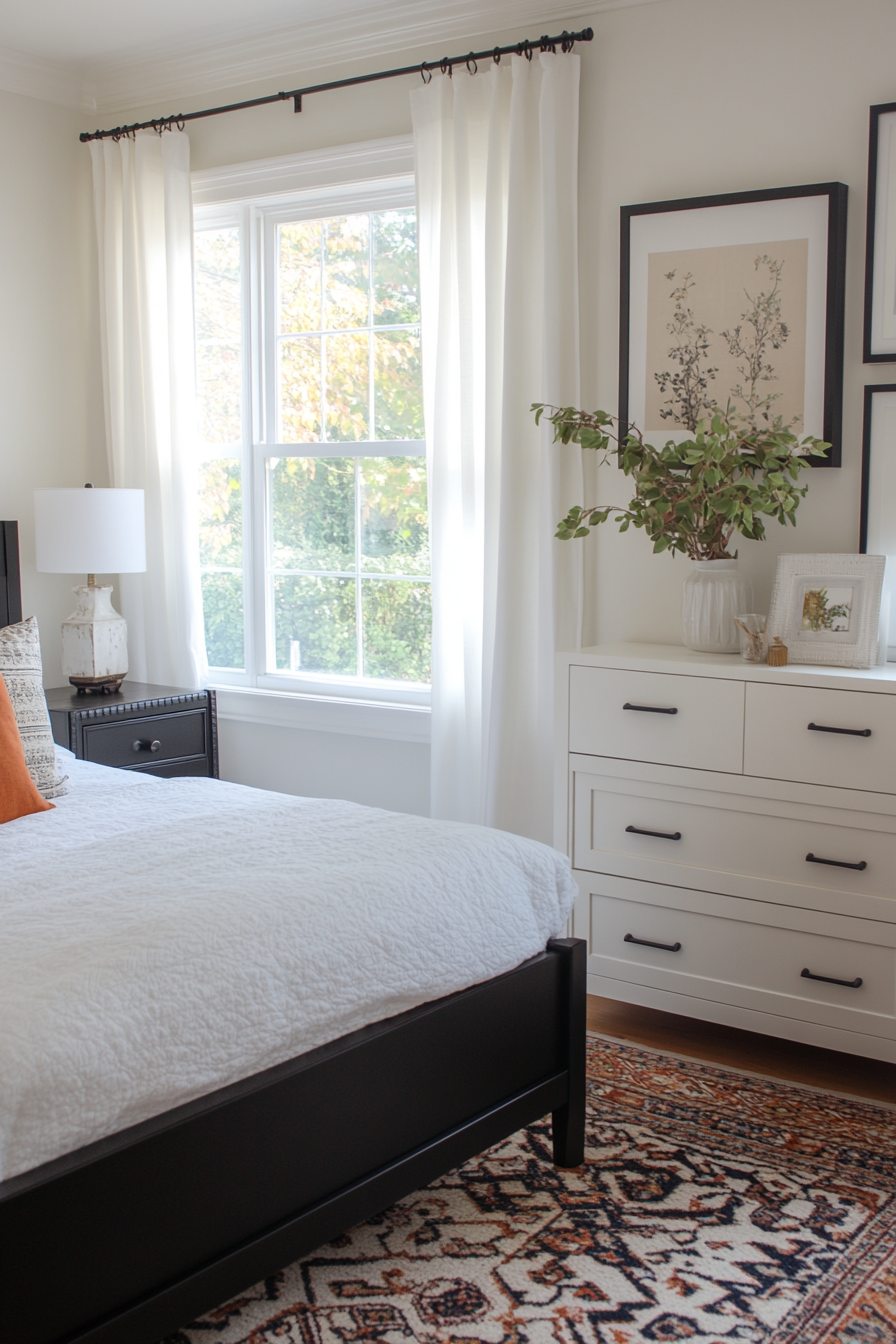 A balanced black and white bedroom with white walls and black bed frame