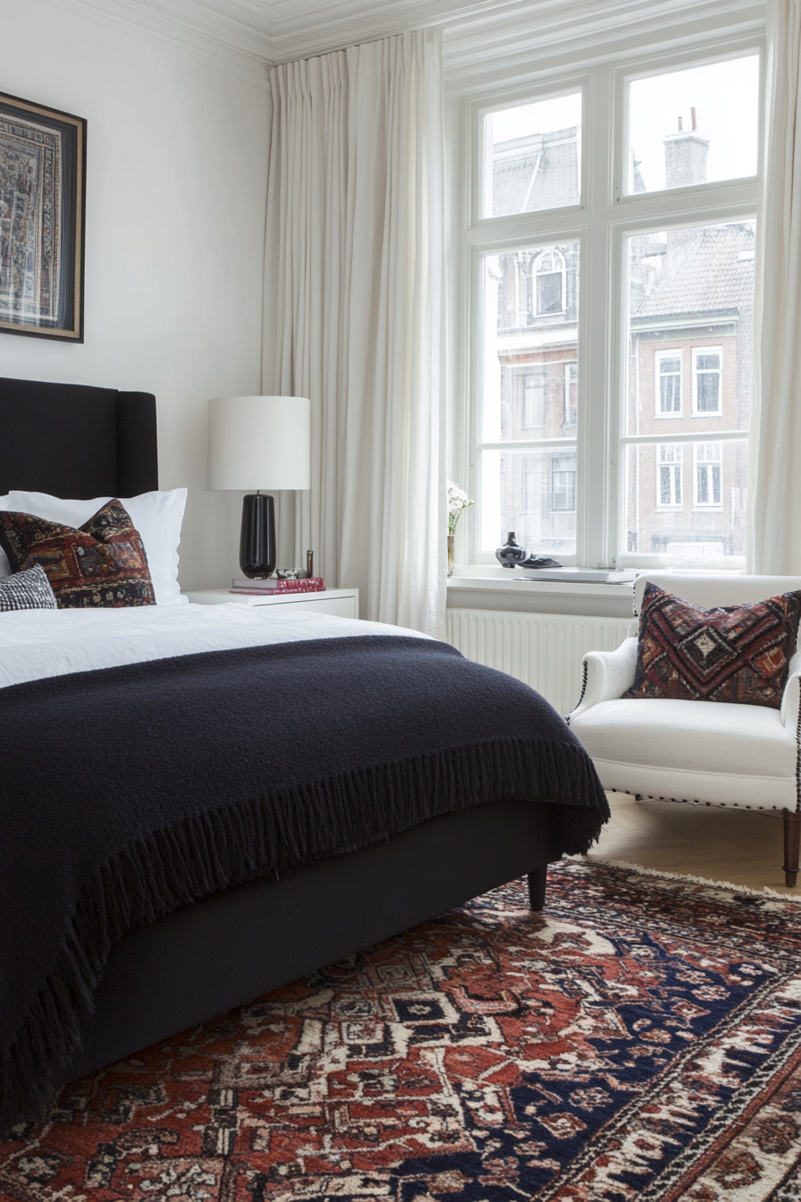 Large black headboard and small white nightstands in a black and white bedroom