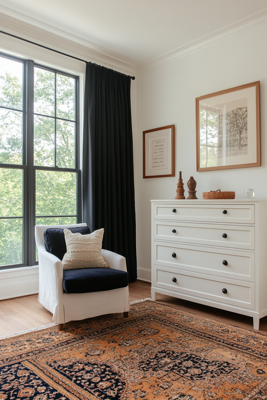 Oversized black and white rug and small decorative items