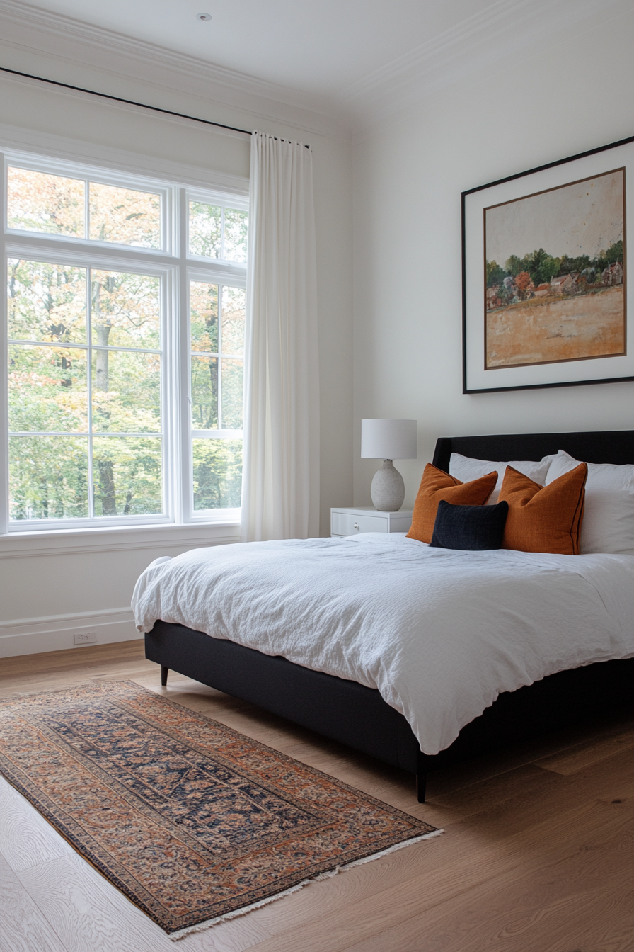 Mixing different sizes and shapes in a black and white bedroom