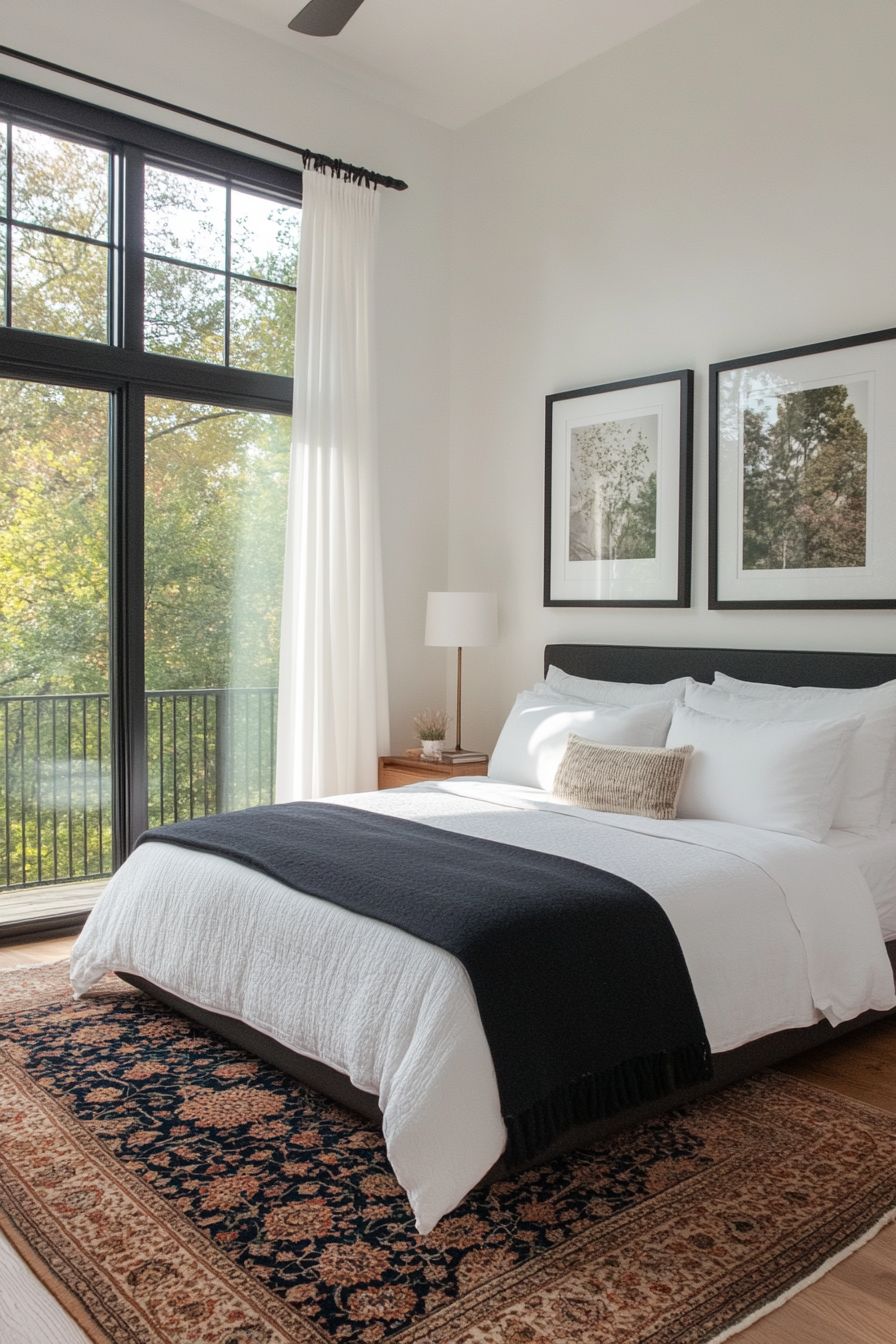 Black and white artwork above the bed in a black and white bedroom