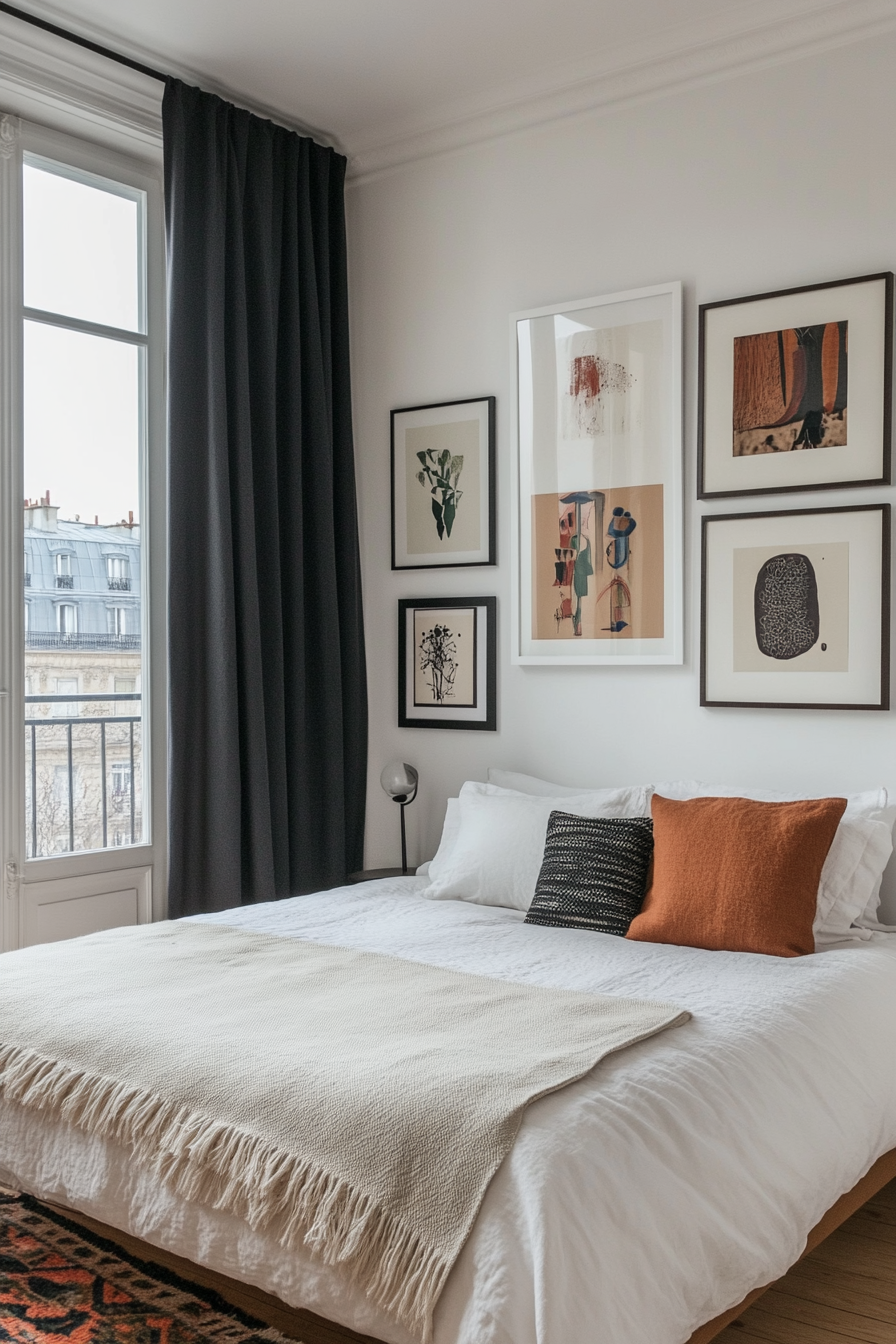 Gallery wall of black and white art prints in a black and white bedroom