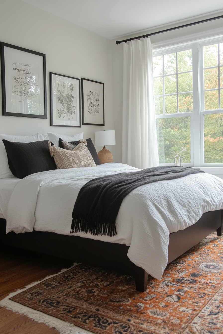 Mix of black and white frames in a black and white bedroom