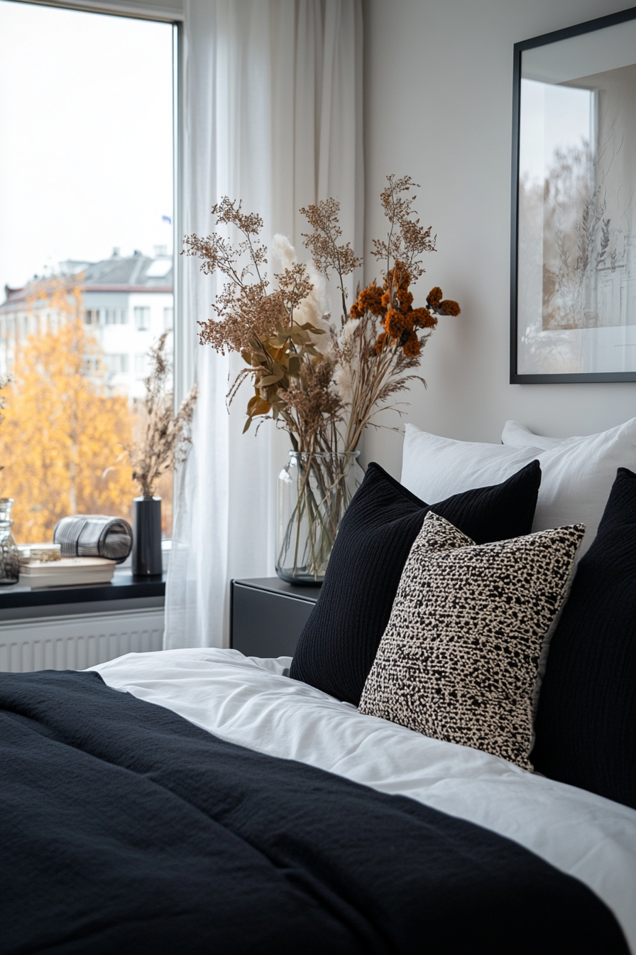 Monochromatic bedding with black accents in a black and white bedroom