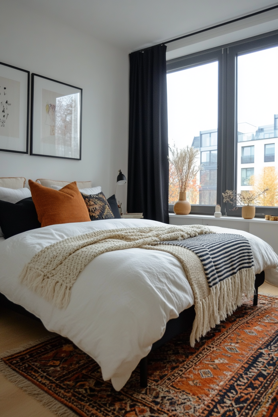 White bedding with black throw pillows in a black and white bedroom